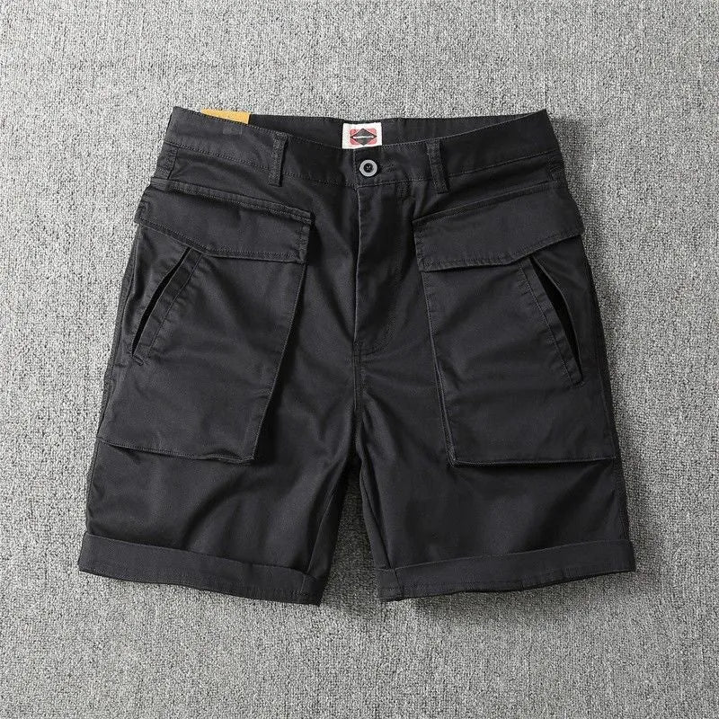 Men's stretch cotton cargo shorts in Army Green showing multiple pockets and straight-leg cut