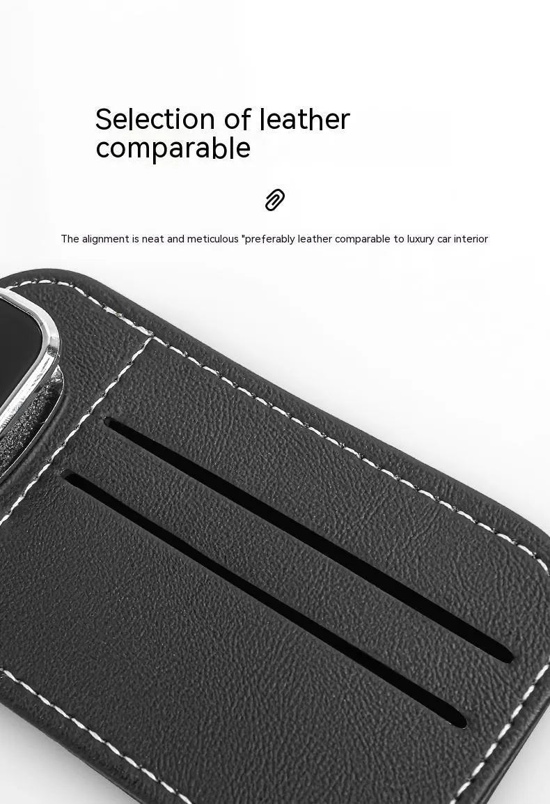 Leather car sun visor card holder with sunglasses clip in snap-on design available in multiple colours.