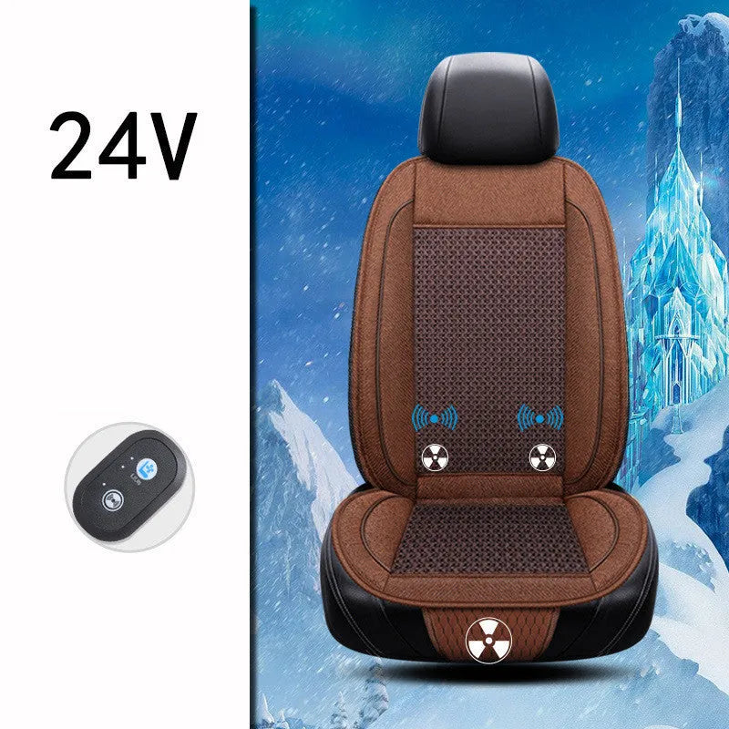 Black car ventilation seat cushion measuring 60cm square with power cord
