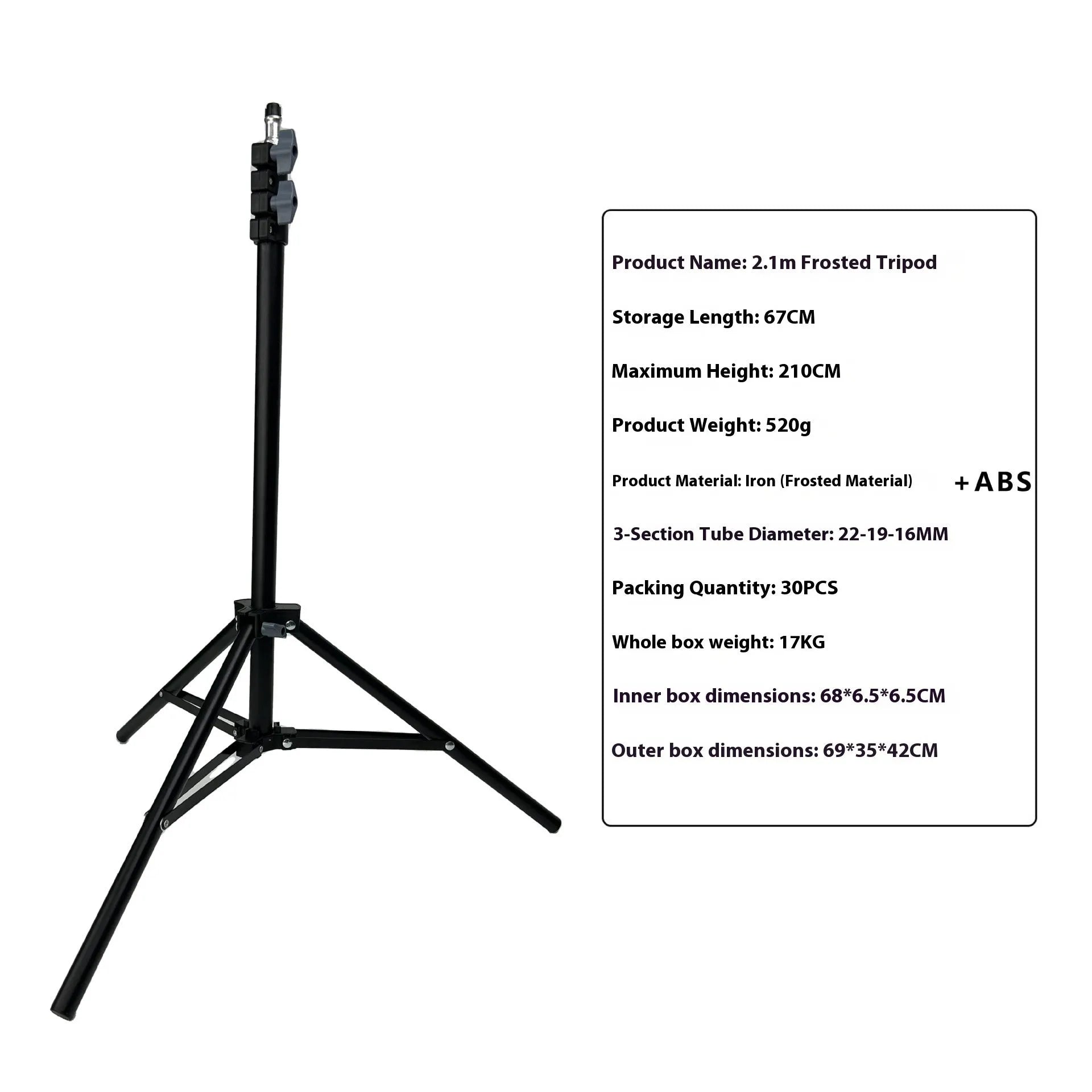 Frosted finish tripod light stand with mobile phone holder mounted, showing carbon steel construction and adjustable legs