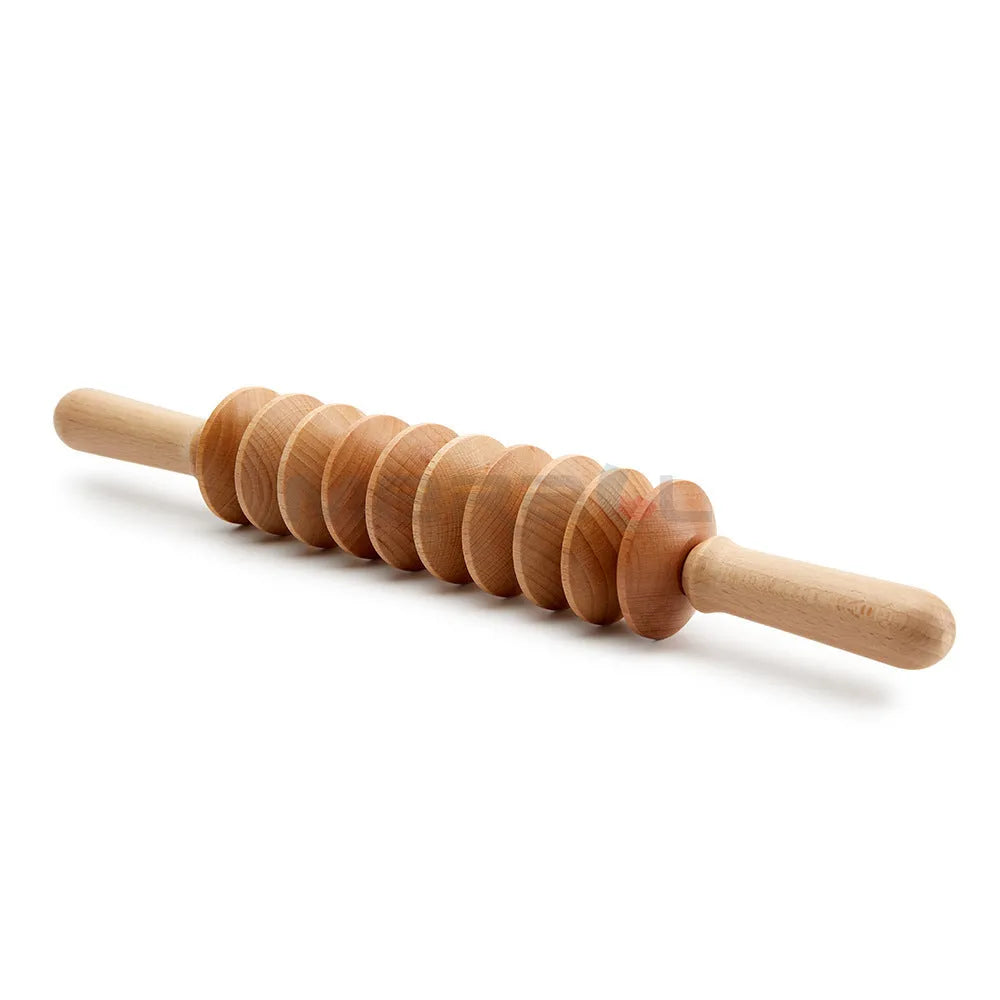 Beech wood massage roller set showing T-shaped design, multiple wheel configurations and back massager
