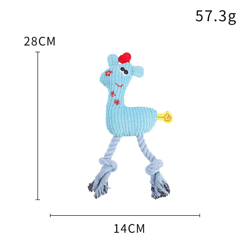 Blue deer shaped plush dog toy with corn grain texture and squeaker inside