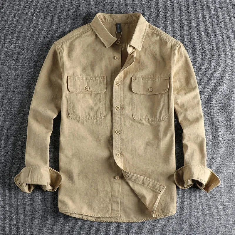Men's loose fit long sleeve cardigan shirt in light grey, black, khaki or green.