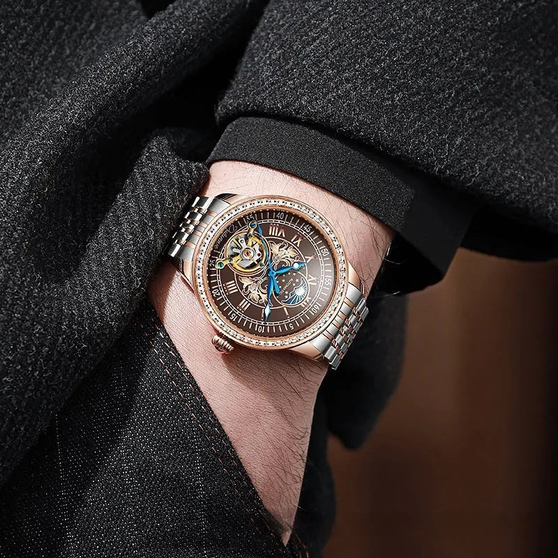 Men's stainless steel mechanical watch with round dial and transparent case back