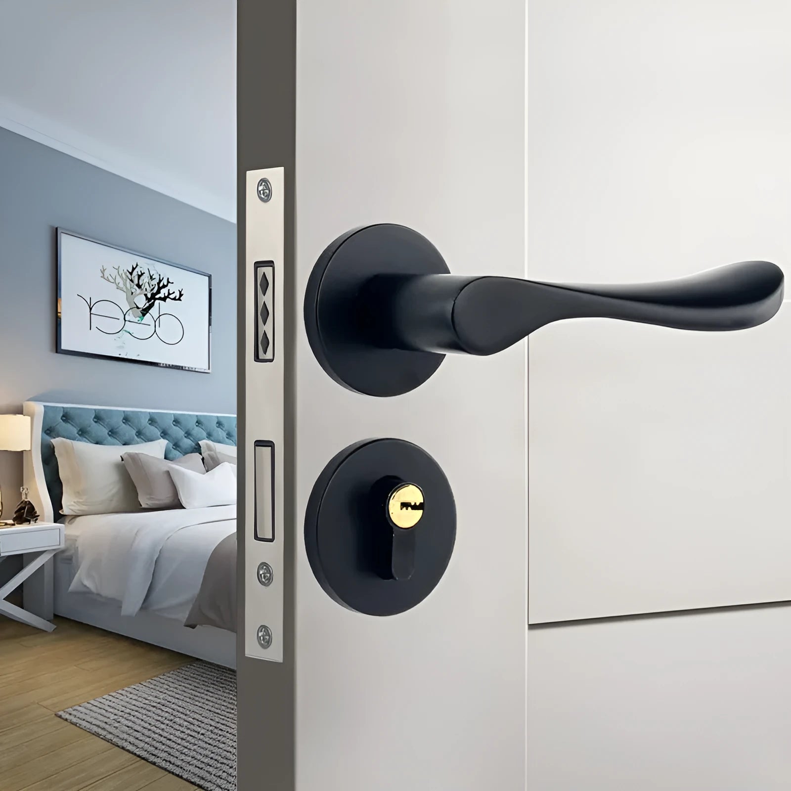 Aluminium alloy split magnetic door lock handle body with mute mechanism for timber doors in black and silver finish