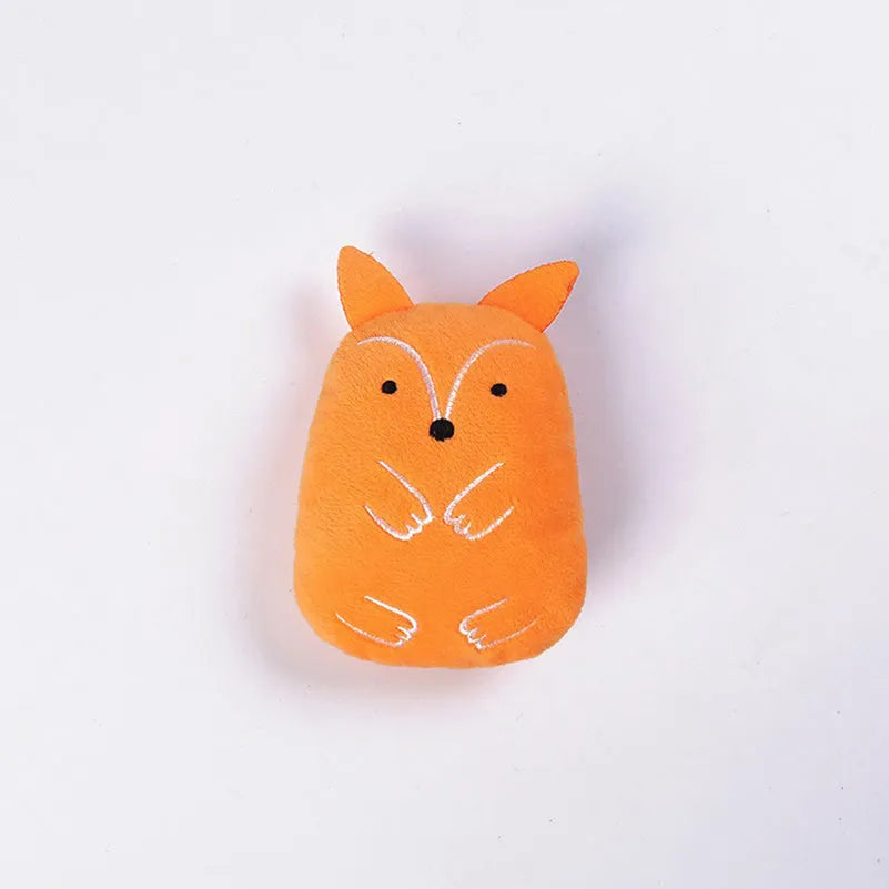Small brown plush cat toy with a bite-shaped design for chewing and interactive play.