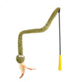 Green snake cat teasing stick with feather attachments on 140cm pole for indoor cat play