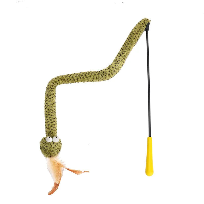 Green snake cat teasing stick with feather attachments on 140cm pole for indoor cat play