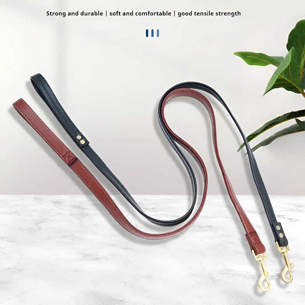 Black PU leather dog lead with quick-release clip shown at full length