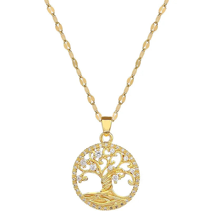 Gold electroplated rhinestone lucky tree light cross necklace with mother pearl shellfish pendant on adjustable stainless steel chain