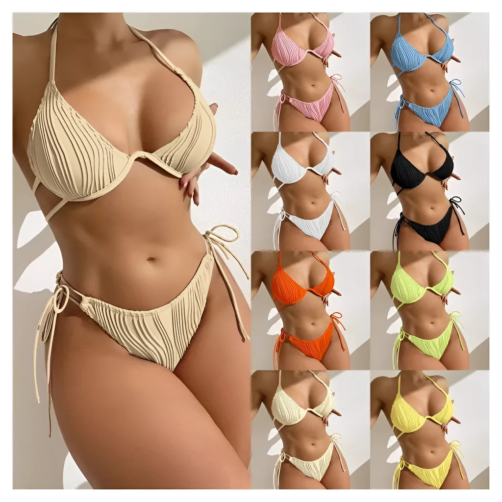 Women's steel bracket underwire split bikini swimsuit in various colours.