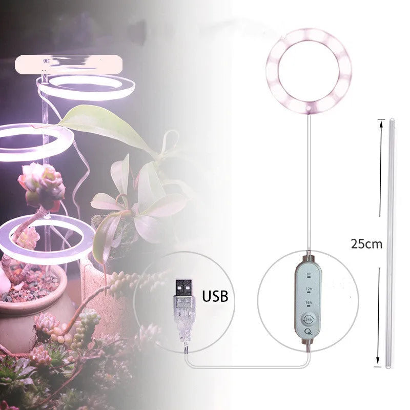 USB-powered LED plant grow light with full spectrum yellow LEDs, acrylic mounting stick, in pink/white colour.