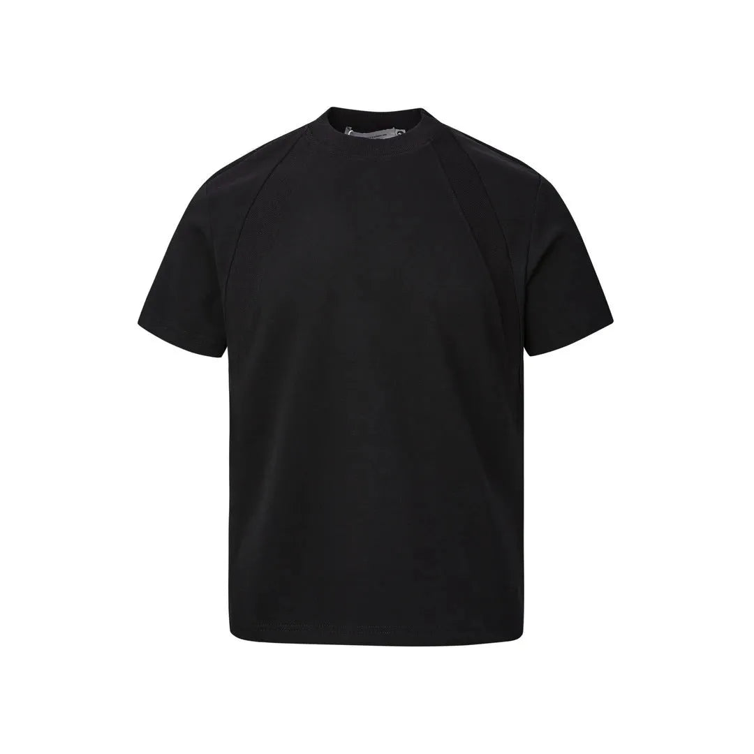Men's black short sleeve top with air layer stitching detail, loose fit design