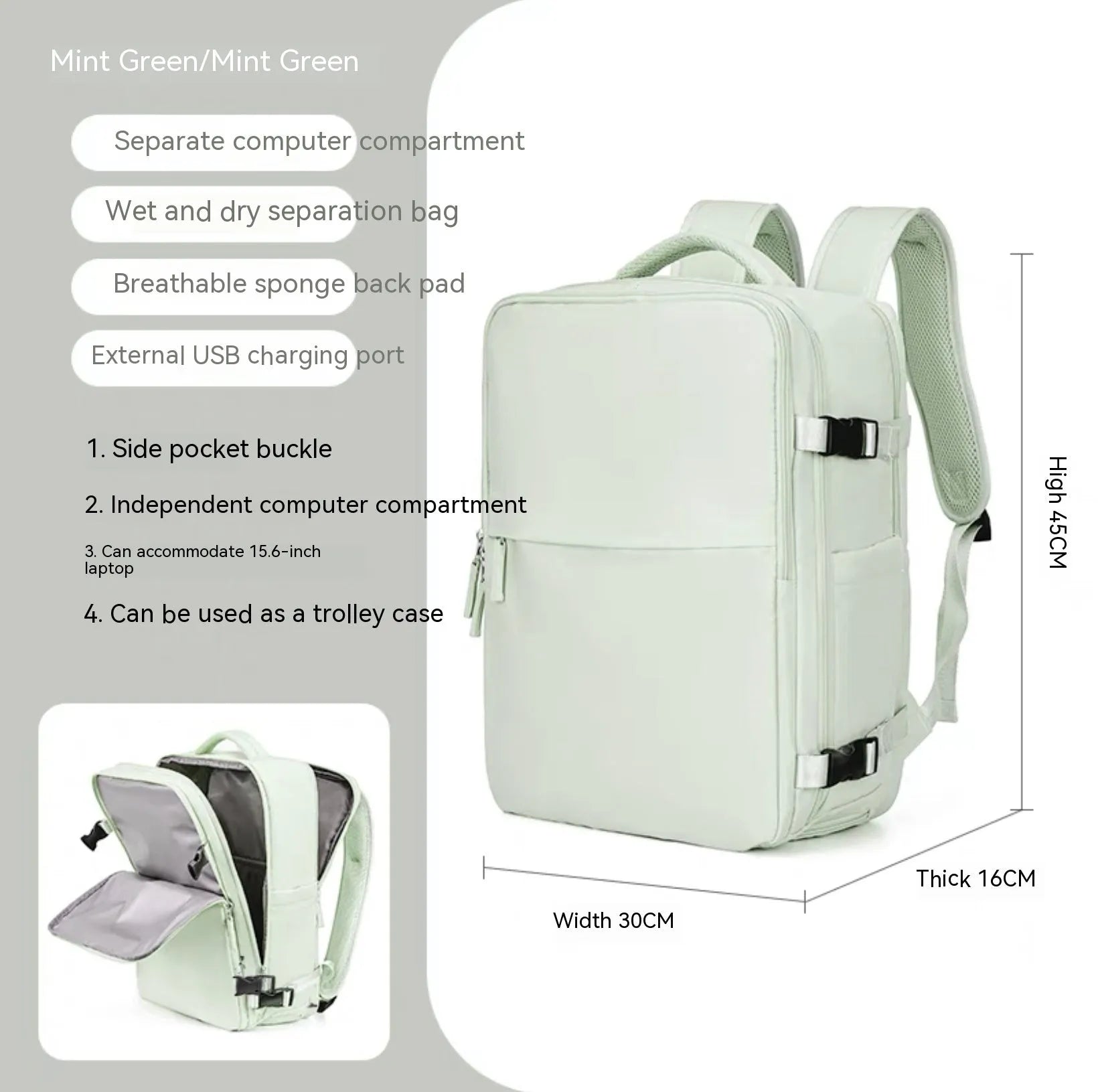Large black waterproof nylon mummy backpack with zipped compartments.