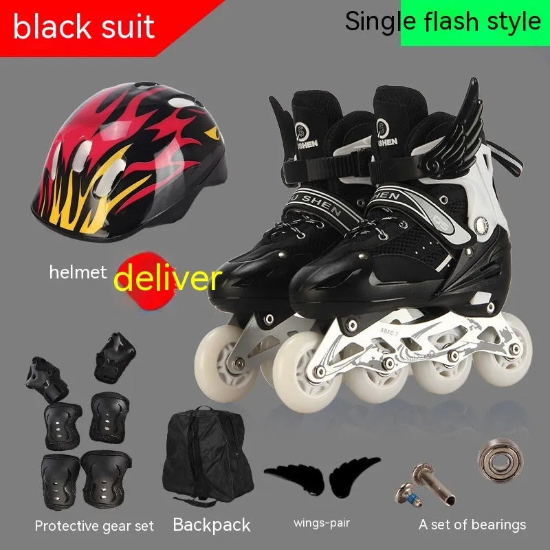 Adjustable children's inline skates with aluminium bracket in five colours including protective gear set