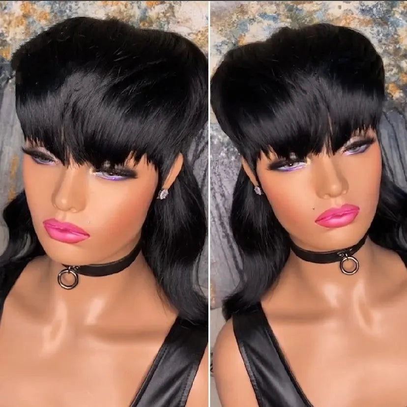 T7262 Black synthetic Brazilian wig with long straight hair and front bangs.