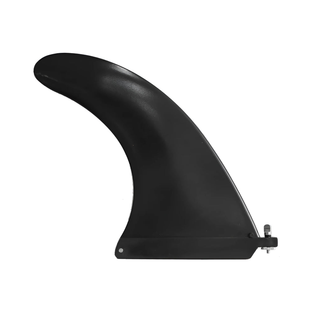 SUP paddle with large removable fish fins showing screw attachment mechanism