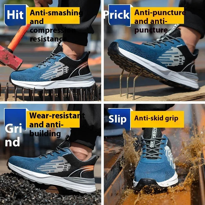 Blue men's low-top safety work shoes with lace-up front and plastic safety toe cap.