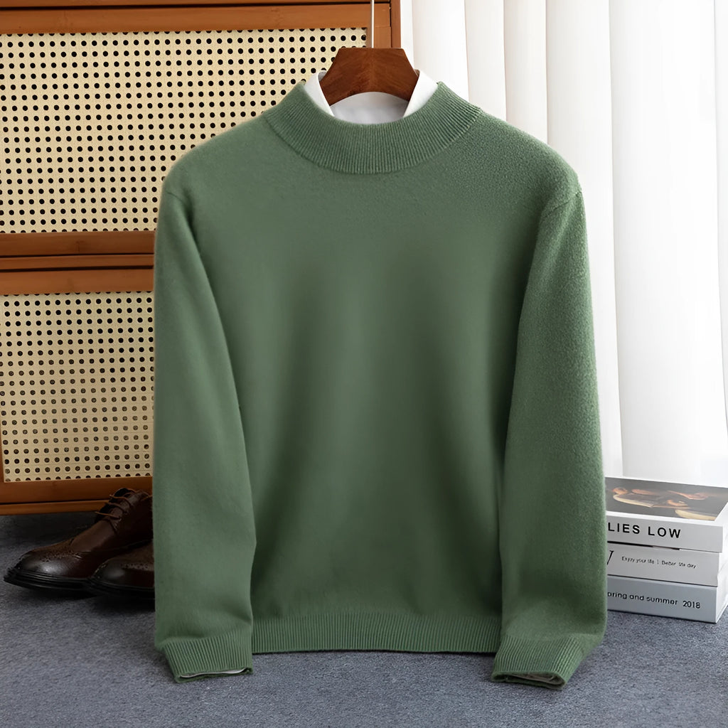 Men's loose fit half-turtleneck wool sweater in a neutral colour on a hanger.