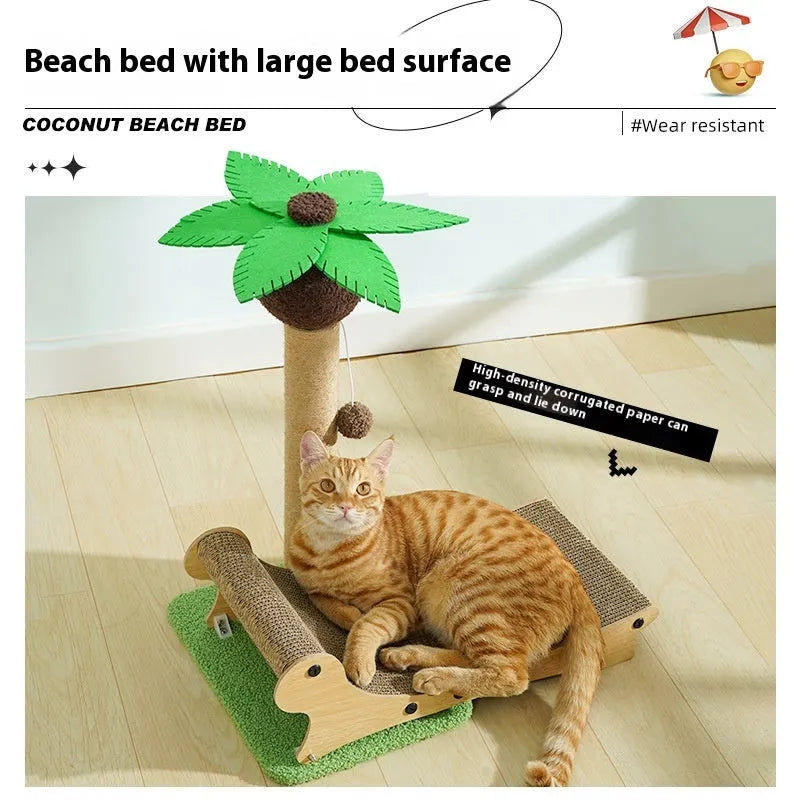 Wooden beach chair cat bed with integrated hemp mat scratch board and chamfered legs.