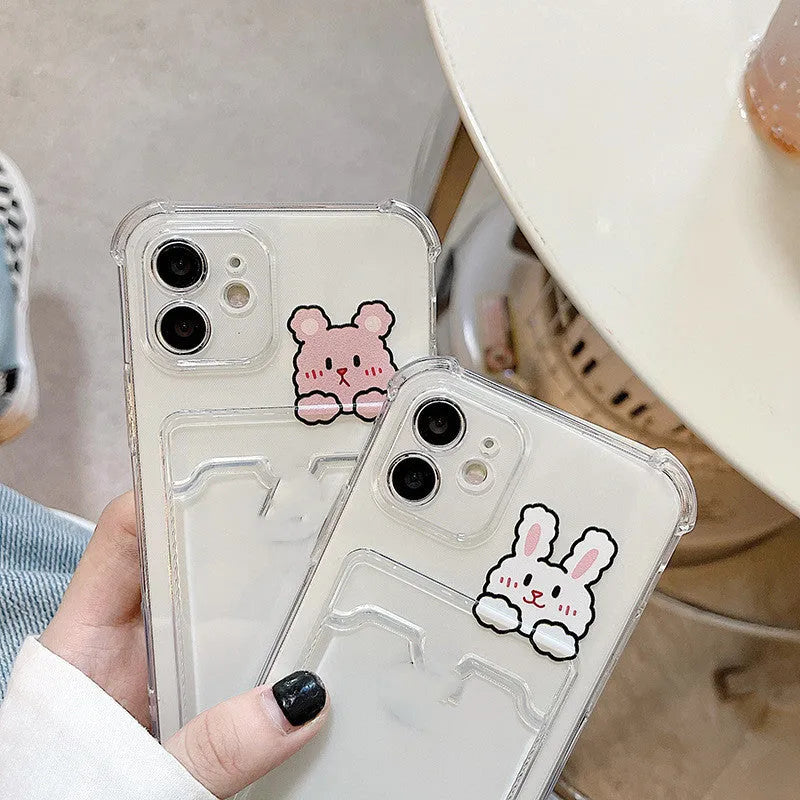 Transparent cartoon design phone case with card holder for Apple iPhone models