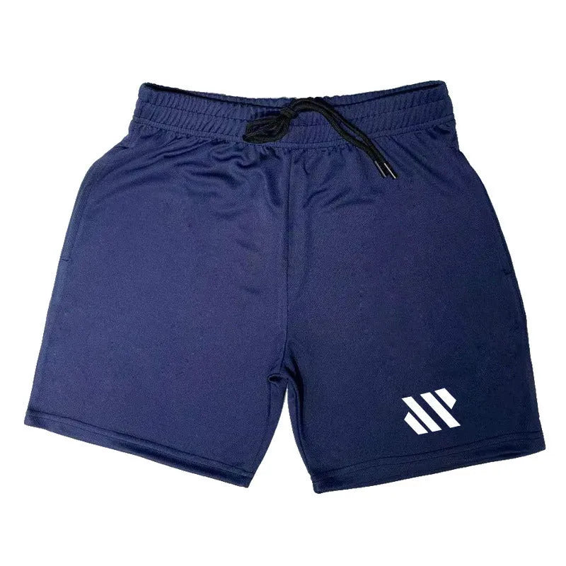 Men's loose-fit metal silk sports shorts in multiple colours on a size chart background