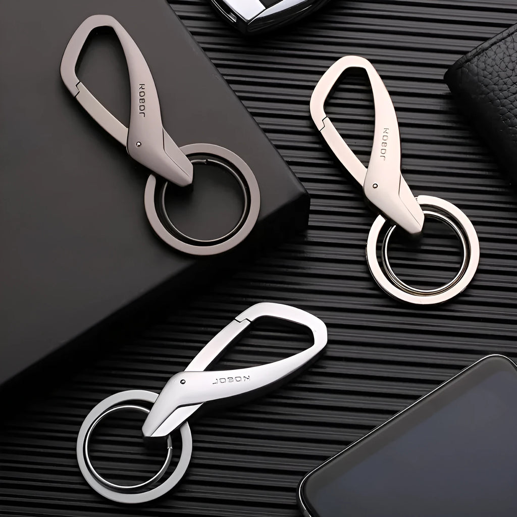 Zinc alloy car key chain with double rings, measuring 8.3x3.5cm in black, chrome, and nickel colours