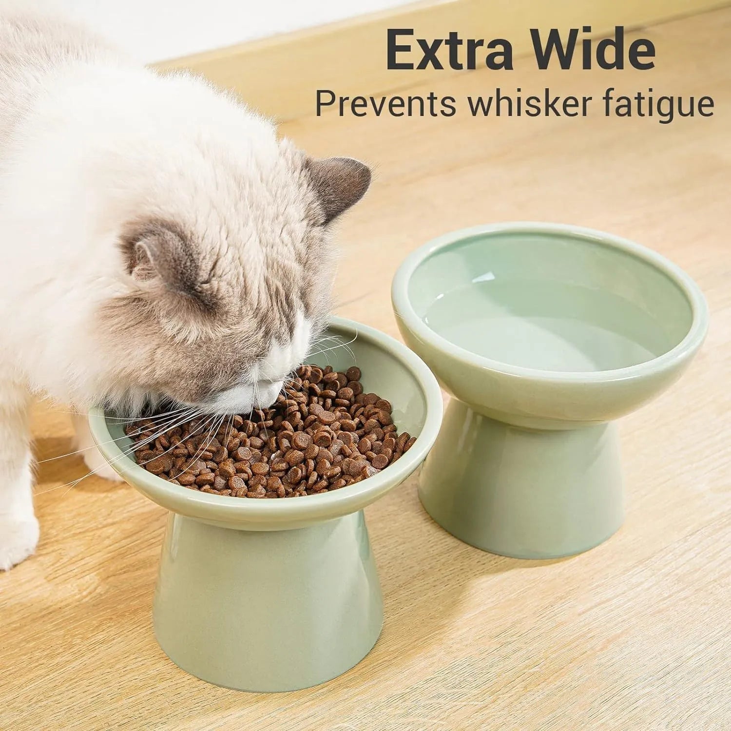 Blue wide ceramic elevated cat food bowl on a white background.