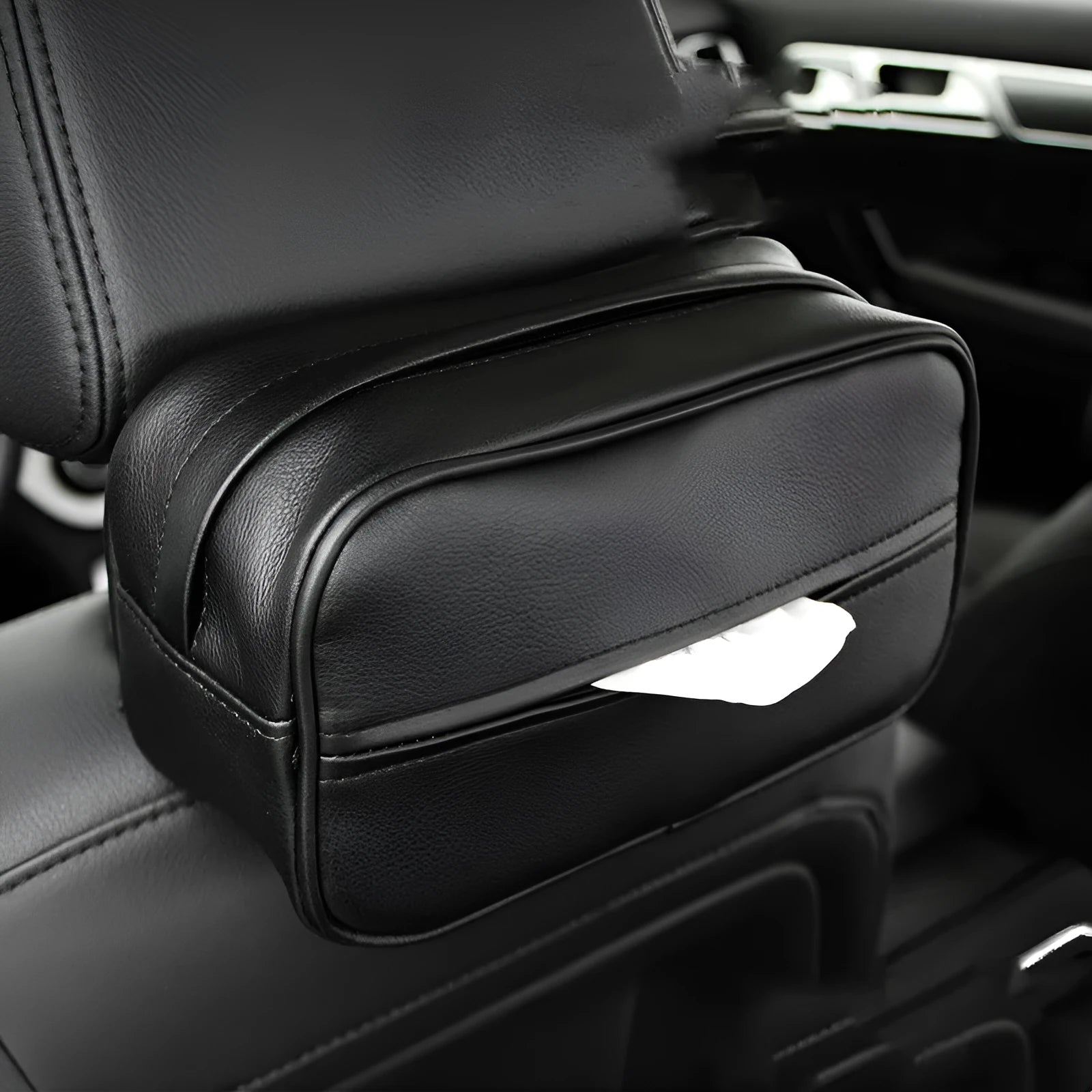 Black PU leather hanging storage box with dimensions for car organisation.