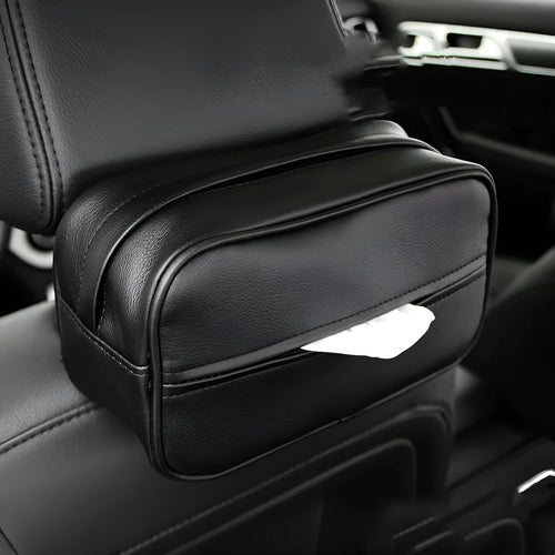 Black PU leather hanging storage box with dimensions for car organisation.