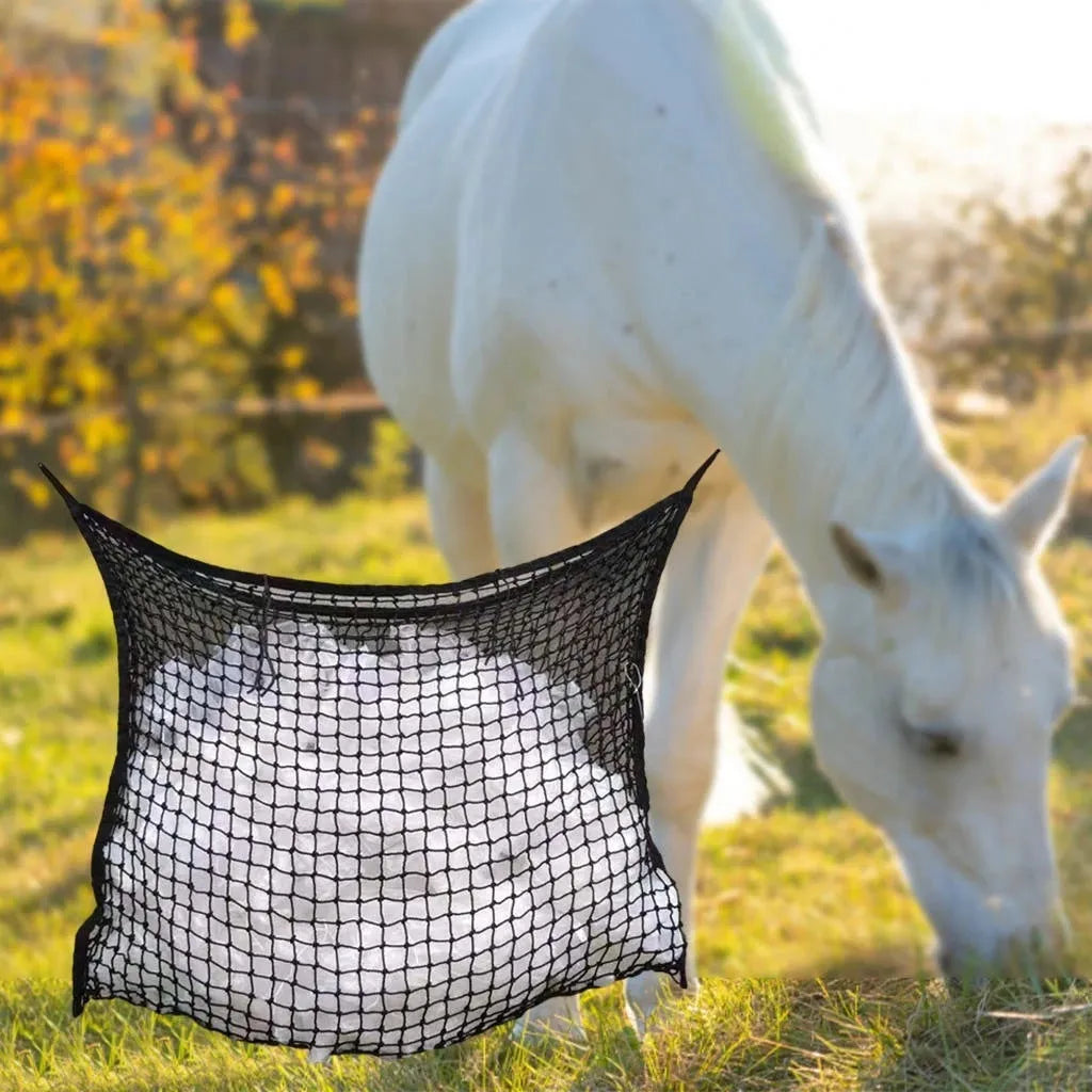 Woven grid horse hanging feeding bag in black colour with PE rope construction