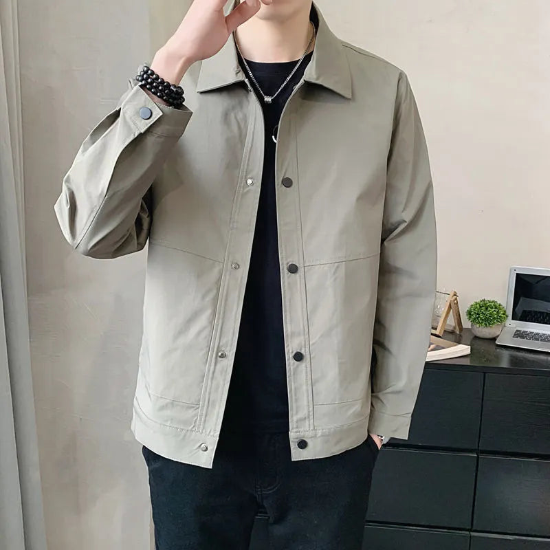 Men's single-layer Korean style jacket in polyester, shown in light gray, suitable for spring and autumn.