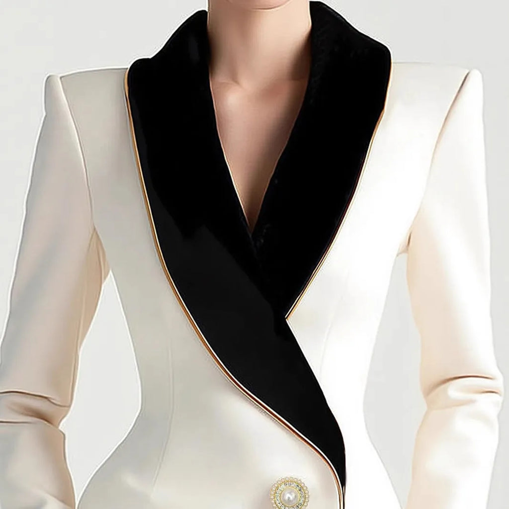 Women's milky white irregular cut coat with gold trim and pearl buttons
