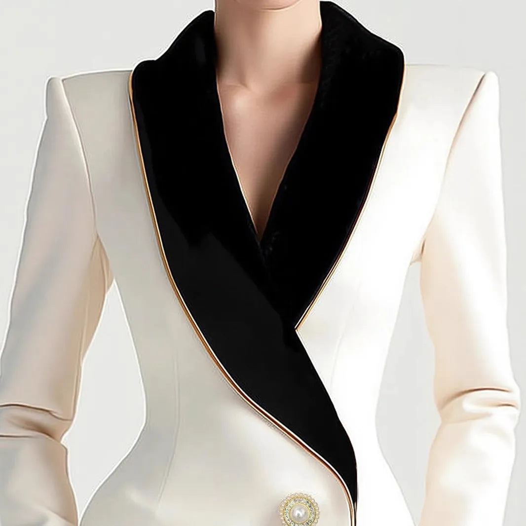 Women's milky white irregular cut coat with gold trim and pearl buttons