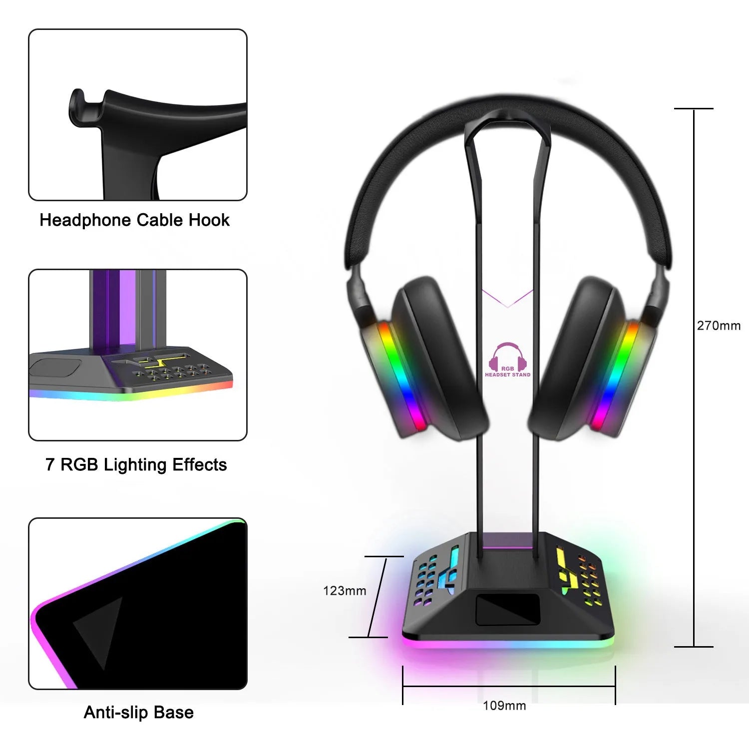 Acrylic RGB headset display stand with dual USB ports and colour-changing lights, holding a pair of headphones.