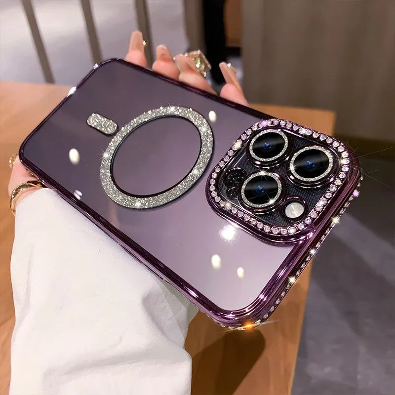 Magnetic wireless charging silicone phone case for iPhone in various metallic colours.