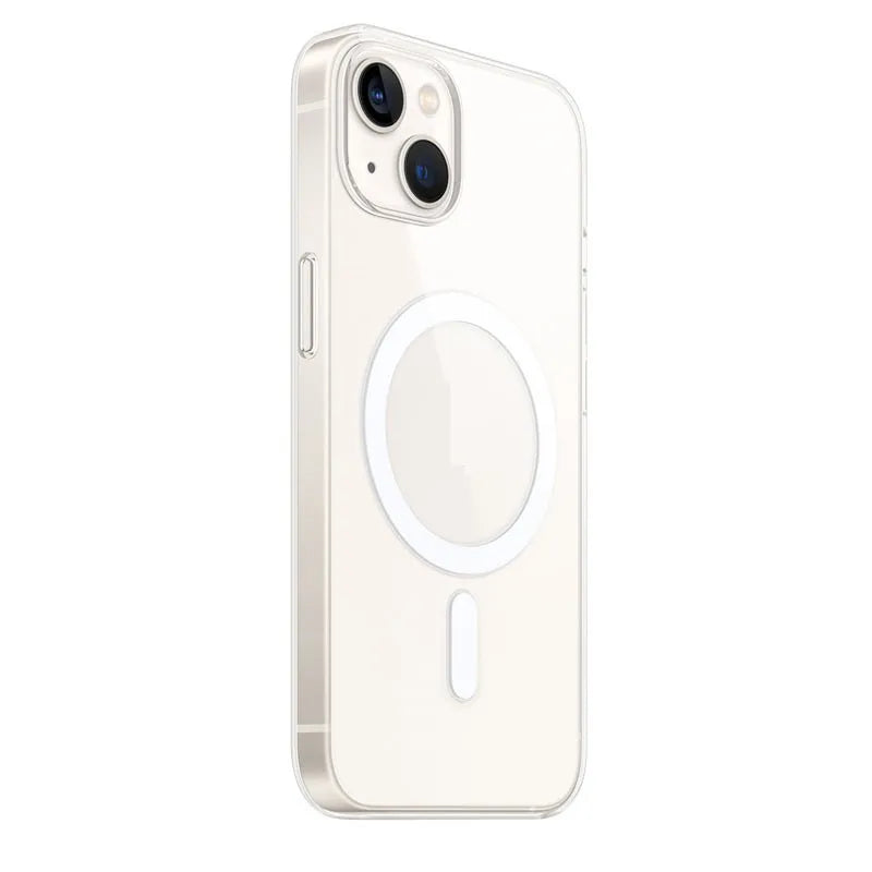 Transparent magnetic back cover case for iPhone showing clear PC material and magnetic functionality