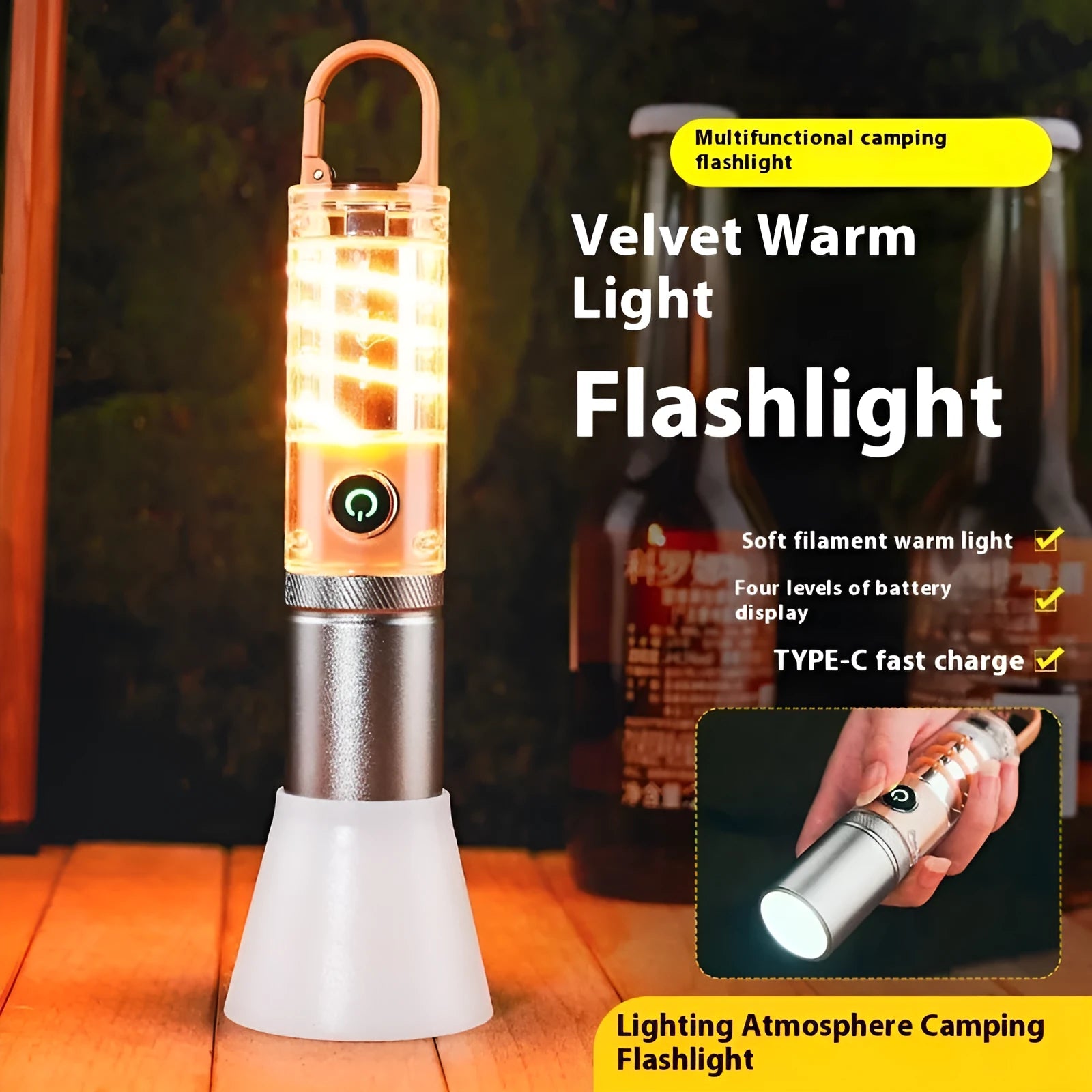 Orange or beige dual light source flashlight with keychain and hook attachments