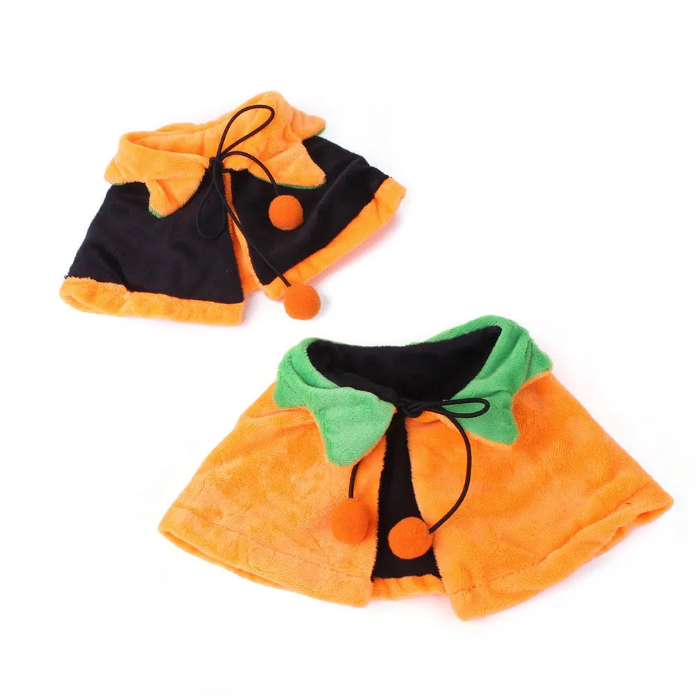 Orange plush Halloween cloak for dog with detachable hood, shown with size options