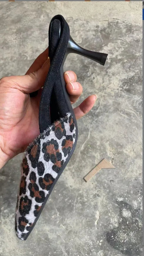 Women's pointed toe suede sandals with leopard print pattern, high heels available sizes 34-43