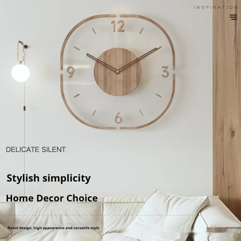 35cm square transparent wooden wall clock with modern design showing box frame and frameless options