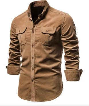 Men's denim blue long sleeve linen button-up shirt laid flat, showing button front and casual style.