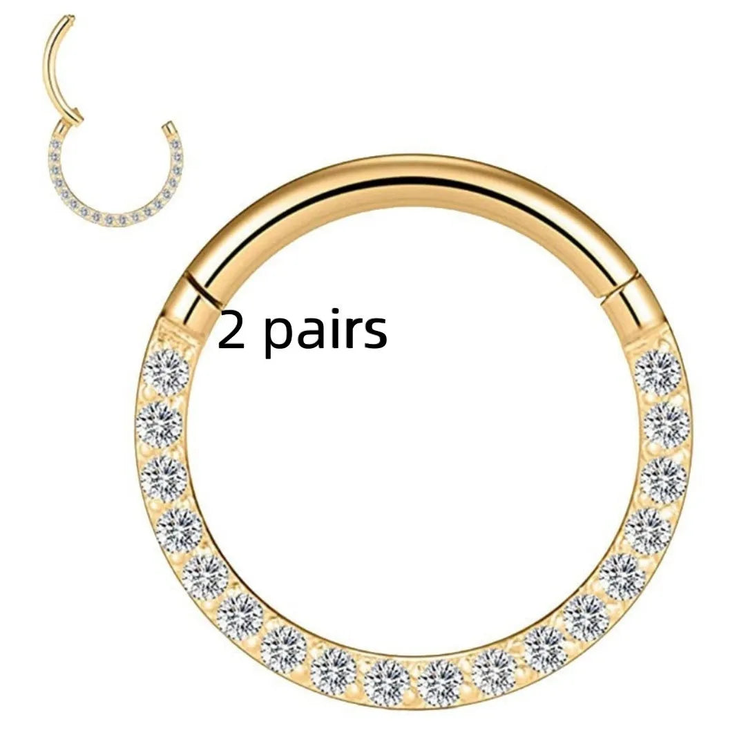 Stainless steel seamless nose ring with diamond detail showing multiple colour finishes and size options