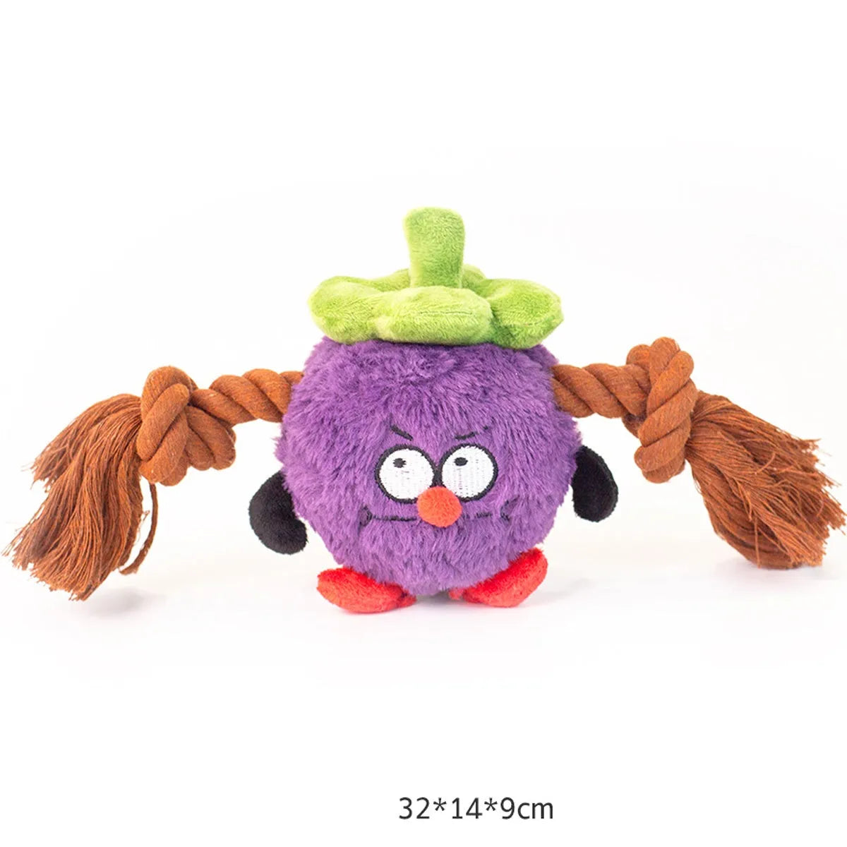 Green and purple plush rope knot dog toy with molar tooth texture for interactive tug play