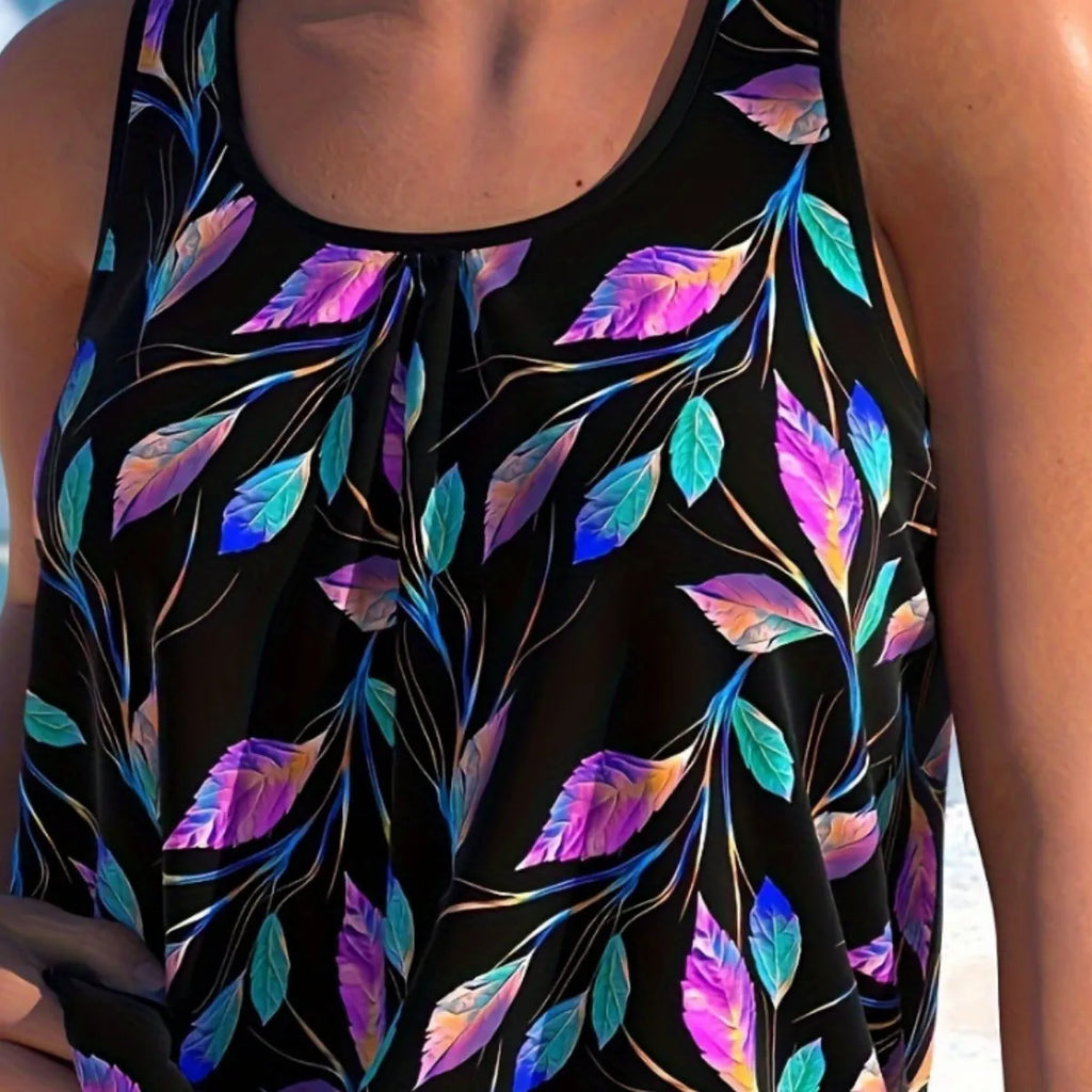 Women's leaf pattern two-piece swimsuit in pure colour, showing top and shorts.