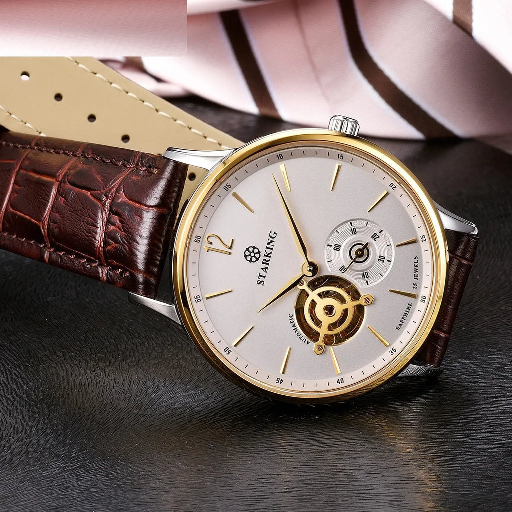 Automatic mechanical men's business watch with hollow three-needle dial and stainless steel case