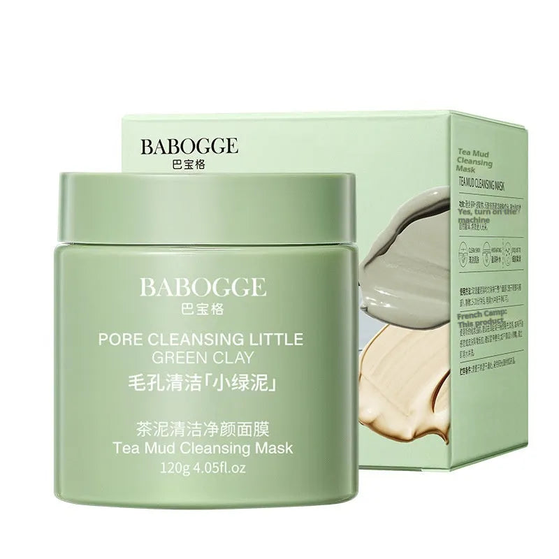 Clay cleansing facial mask in a container, labelled as a 120g non-pulling, dry daub-type formula.