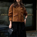 Women's suede street chic coat with regular sleeves in brown colour
