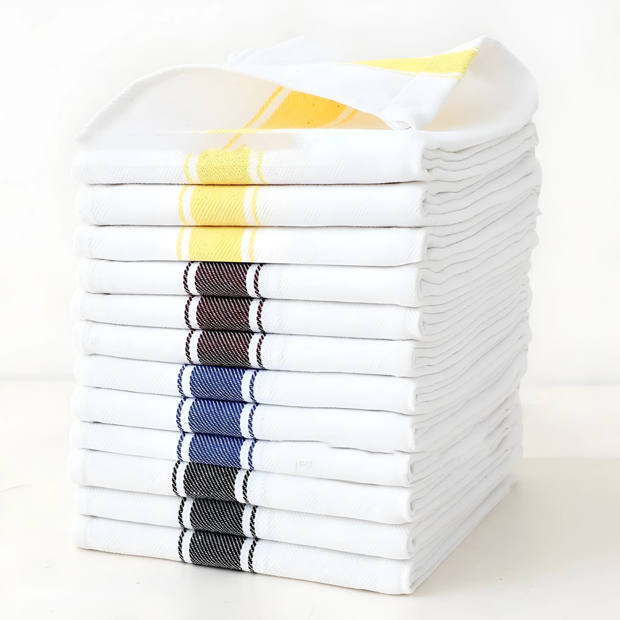 A pack of 12 striped polyester cotton blend kitchen dish towels in assorted colours, showing 48x70 cm size.