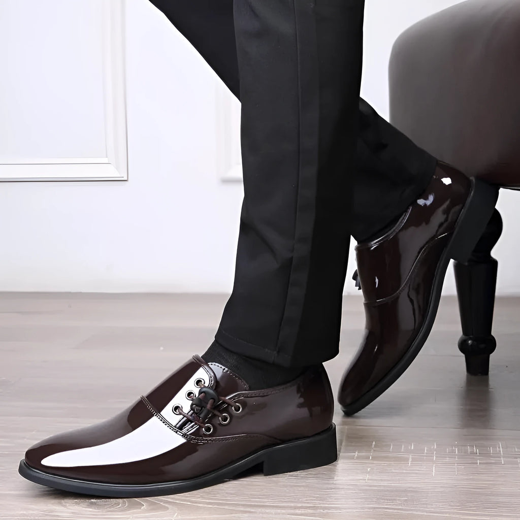 Men's black and brown formal lace-up shoes with round toe and rubber sole.